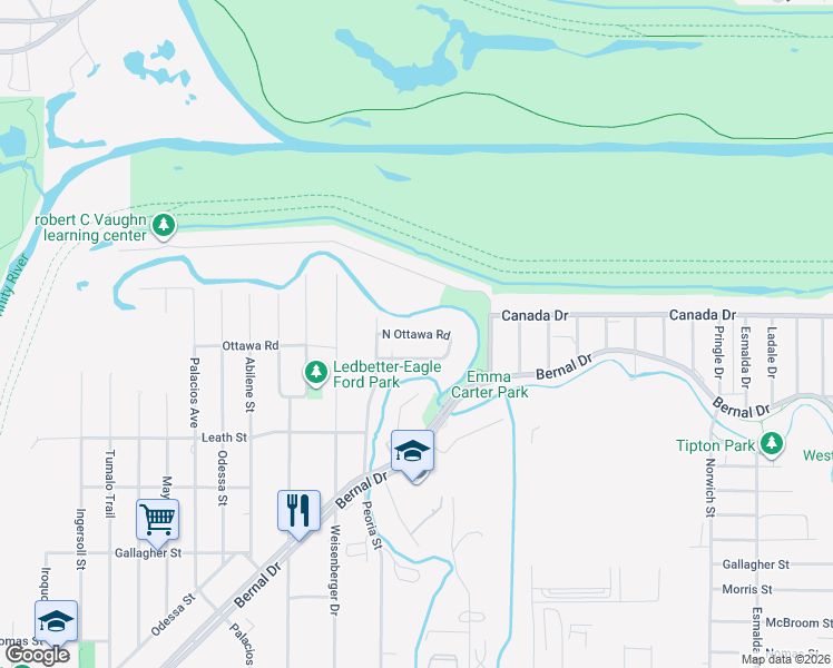 map of restaurants, bars, coffee shops, grocery stores, and more near 4503 South Ottawa Road in Dallas