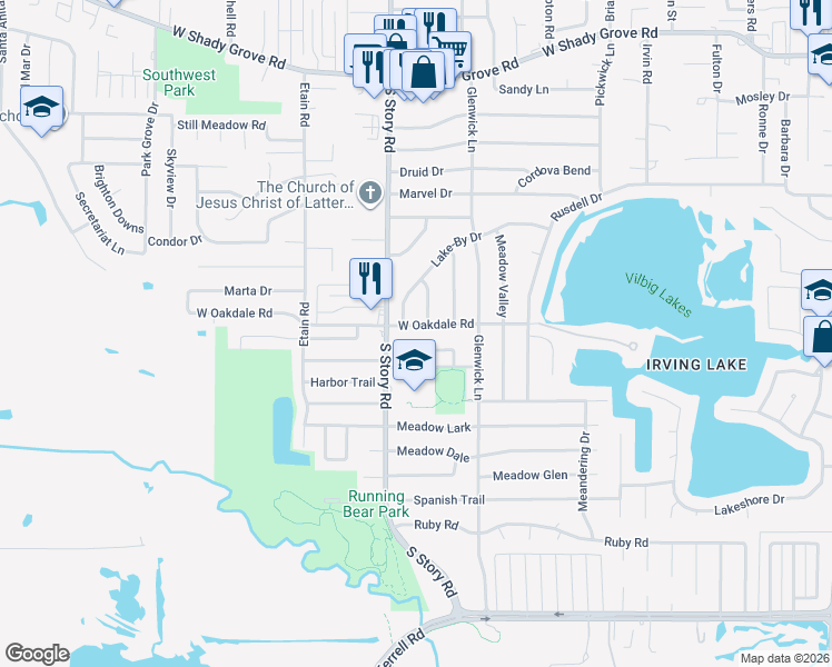 map of restaurants, bars, coffee shops, grocery stores, and more near 2316 Chandelle Drive in Irving