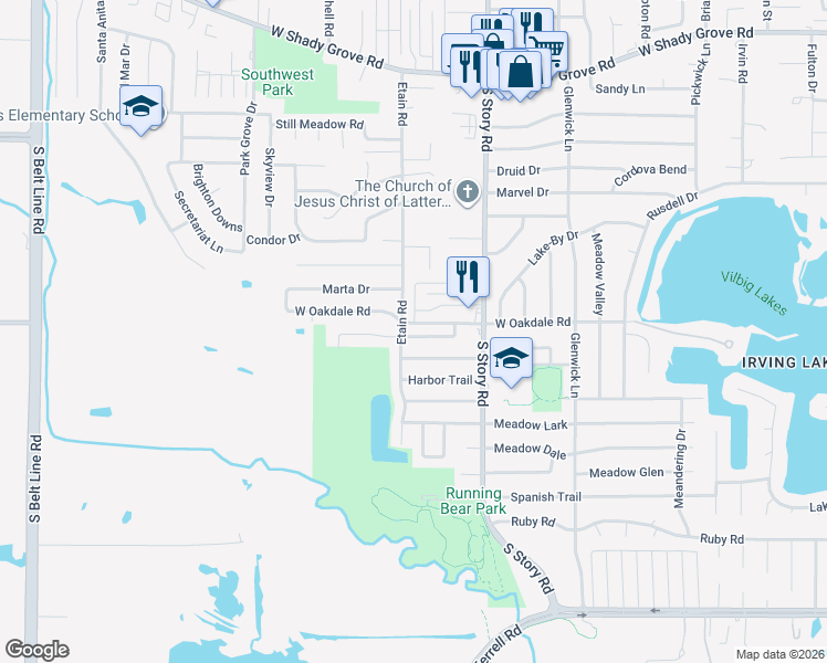 map of restaurants, bars, coffee shops, grocery stores, and more near 2513 Willow Lane in Irving