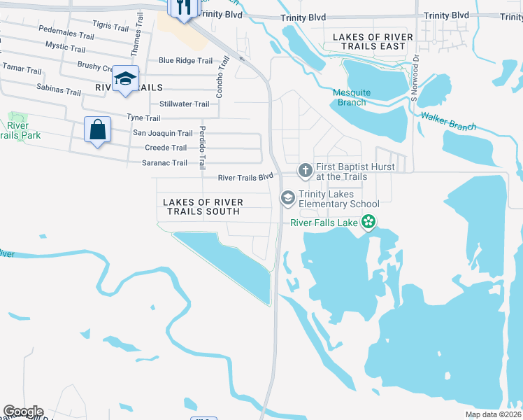 map of restaurants, bars, coffee shops, grocery stores, and more near 9140 River Falls Drive in Fort Worth