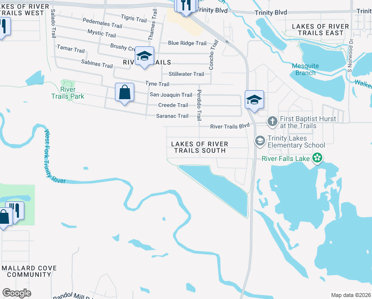map of restaurants, bars, coffee shops, grocery stores, and more near 9000 River Falls Drive in Fort Worth