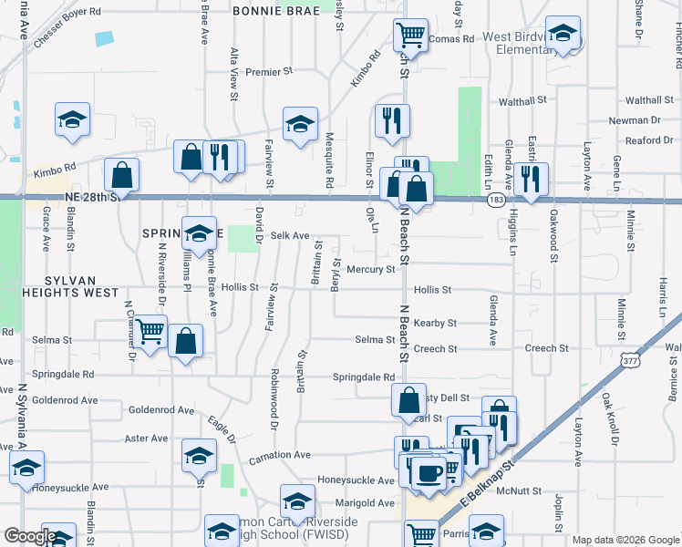 map of restaurants, bars, coffee shops, grocery stores, and more near 3801 Hollis Street in Haltom City
