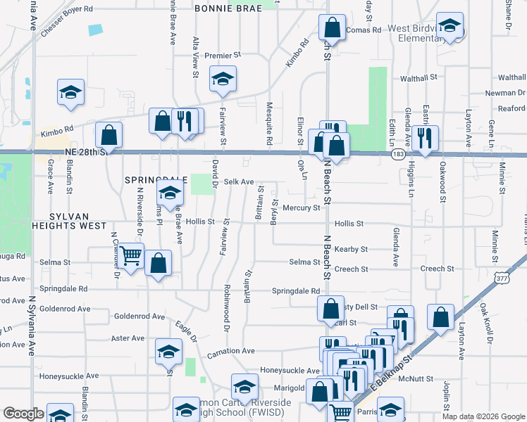 map of restaurants, bars, coffee shops, grocery stores, and more near 2200 Brittain Street in Fort Worth