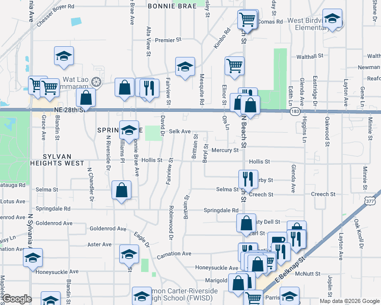 map of restaurants, bars, coffee shops, grocery stores, and more near 2200 Brittain Street in Fort Worth