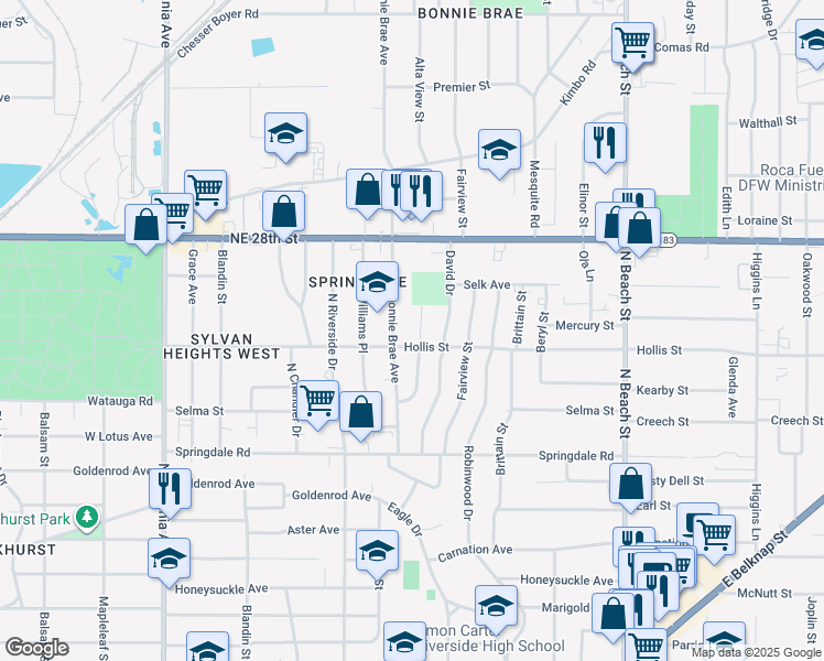 map of restaurants, bars, coffee shops, grocery stores, and more near 2141 Barbell Lane in Fort Worth