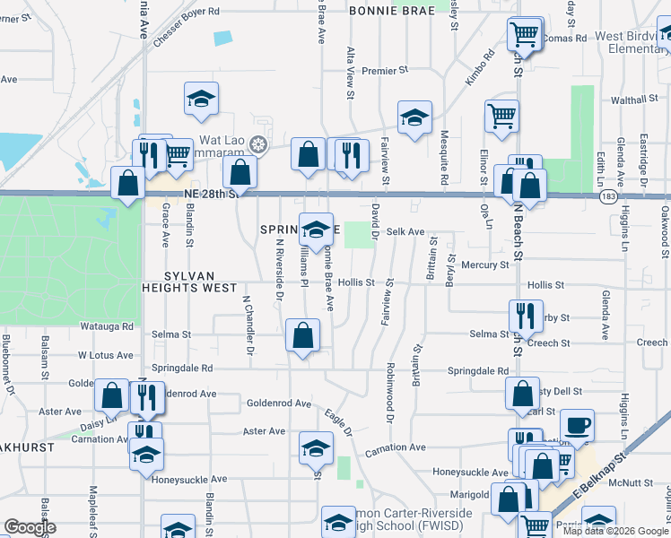 map of restaurants, bars, coffee shops, grocery stores, and more near 2141 Barbell Lane in Fort Worth