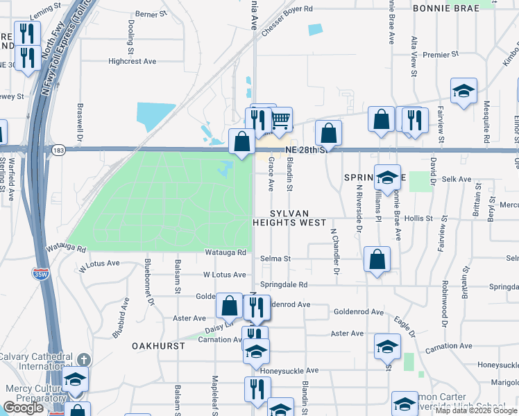 map of restaurants, bars, coffee shops, grocery stores, and more near 2144 North Sylvania Avenue in Fort Worth