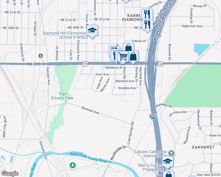 map of restaurants, bars, coffee shops, grocery stores, and more near 2401 Oxford Avenue in Fort Worth