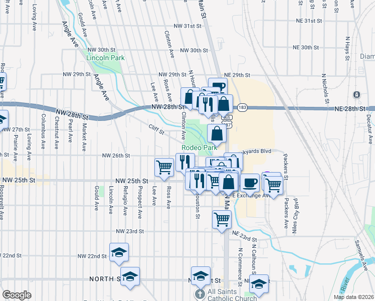map of restaurants, bars, coffee shops, grocery stores, and more near 2527 Clinton Avenue in Fort Worth