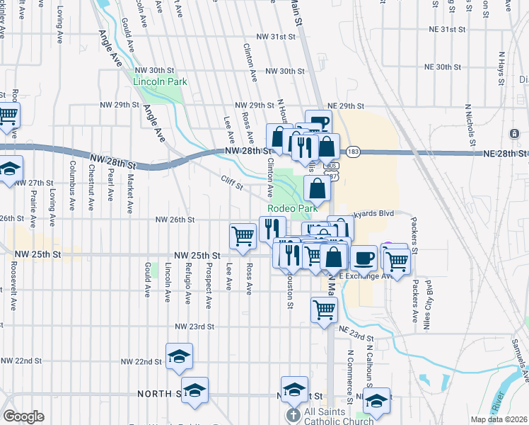 map of restaurants, bars, coffee shops, grocery stores, and more near 2527 Clinton Avenue in Fort Worth