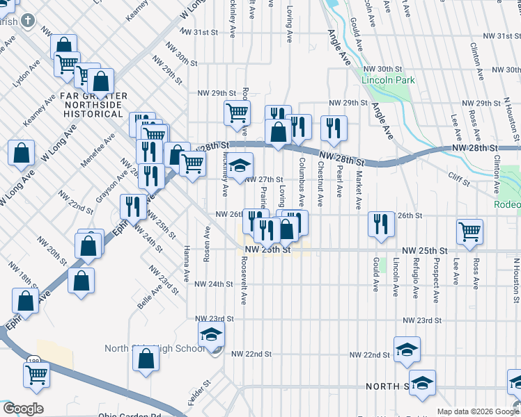map of restaurants, bars, coffee shops, grocery stores, and more near 2524 Roosevelt Avenue in Fort Worth