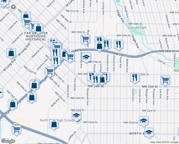 map of restaurants, bars, coffee shops, grocery stores, and more near 2524 Roosevelt Avenue in Fort Worth