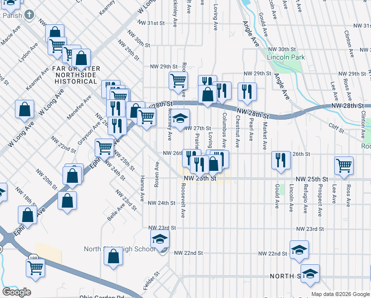 map of restaurants, bars, coffee shops, grocery stores, and more near 2524 Roosevelt Avenue in Fort Worth