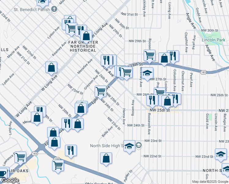 map of restaurants, bars, coffee shops, grocery stores, and more near 2309 Northwest 25th Street in Fort Worth