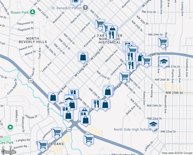 map of restaurants, bars, coffee shops, grocery stores, and more near 2106 French Avenue in Fort Worth