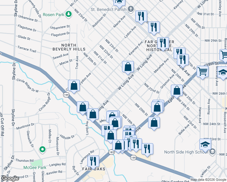 map of restaurants, bars, coffee shops, grocery stores, and more near 2701 Northwest 19th Street in Fort Worth