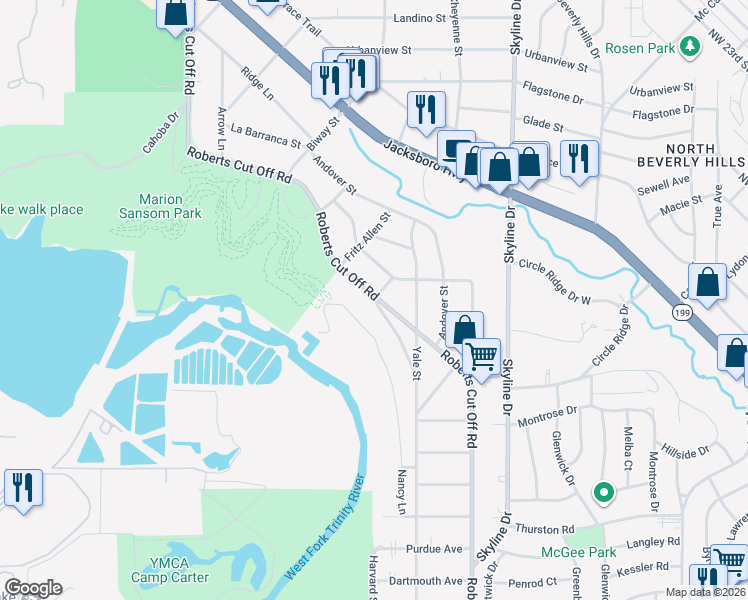 map of restaurants, bars, coffee shops, grocery stores, and more near 2201 Sansom Circle in River Oaks