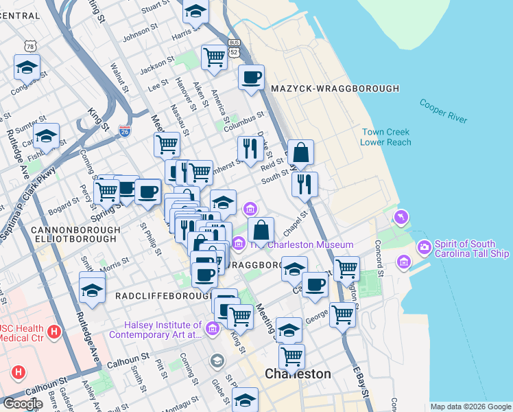 map of restaurants, bars, coffee shops, grocery stores, and more near 25 Mary Street in Charleston
