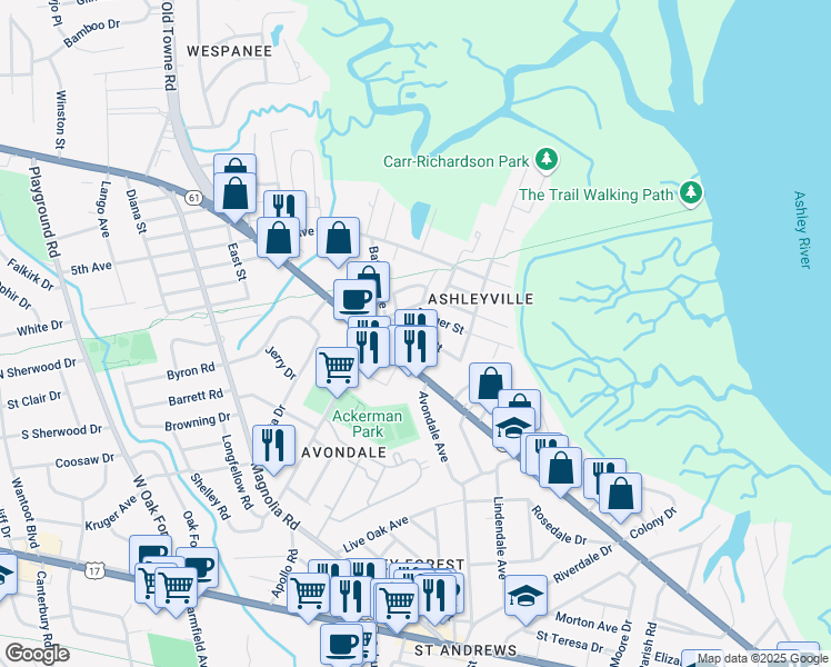 map of restaurants, bars, coffee shops, grocery stores, and more near 840 Saint Andrews Boulevard in Charleston