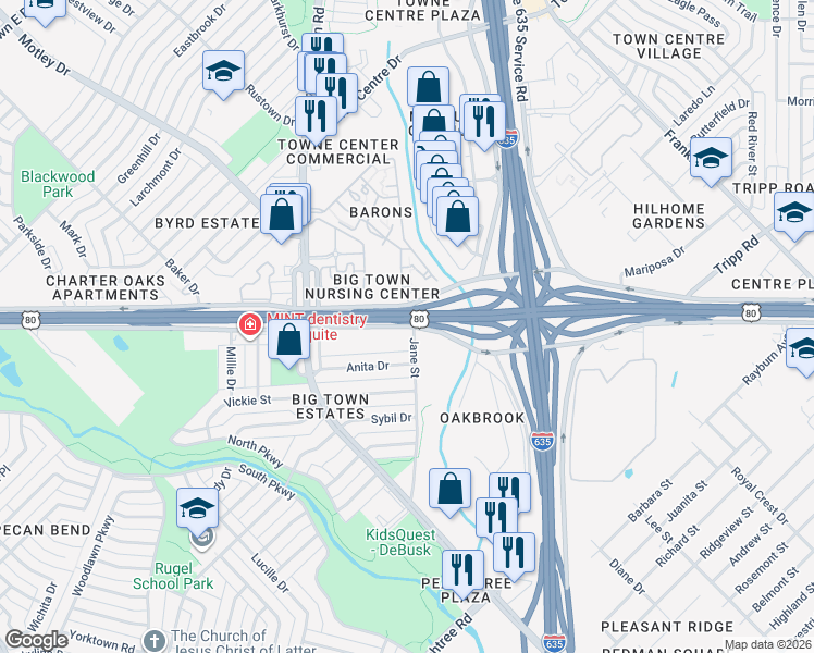 map of restaurants, bars, coffee shops, grocery stores, and more near 2208 U.S. 80 Frontage Road in Mesquite