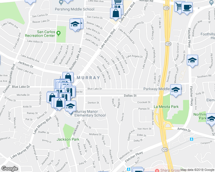 map of restaurants, bars, coffee shops, grocery stores, and more near 6209 Amber Lake Avenue in San Diego
