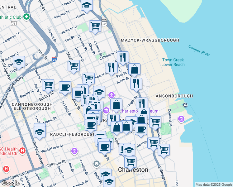 map of restaurants, bars, coffee shops, grocery stores, and more near 7 America Street in Charleston