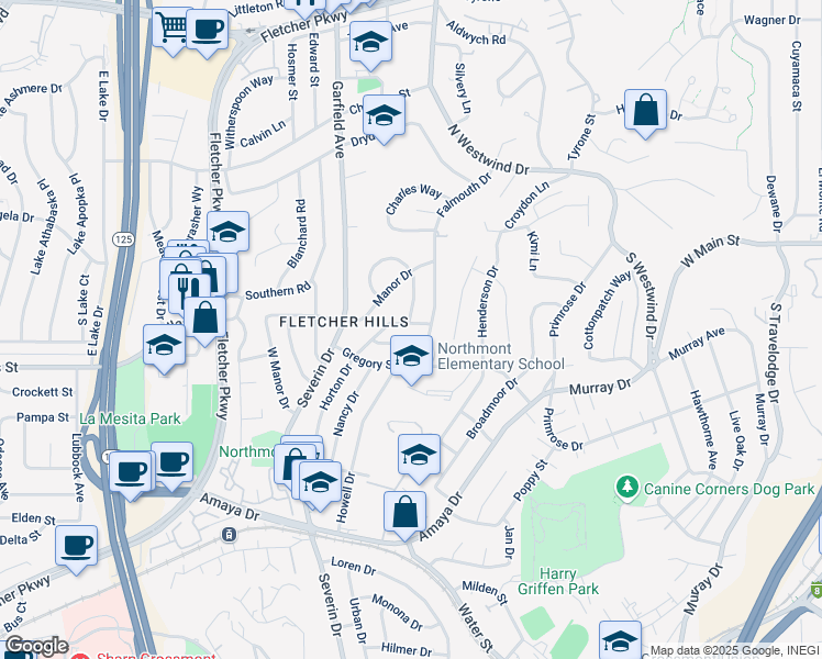 map of restaurants, bars, coffee shops, grocery stores, and more near 6215 Falmouth Drive in La Mesa