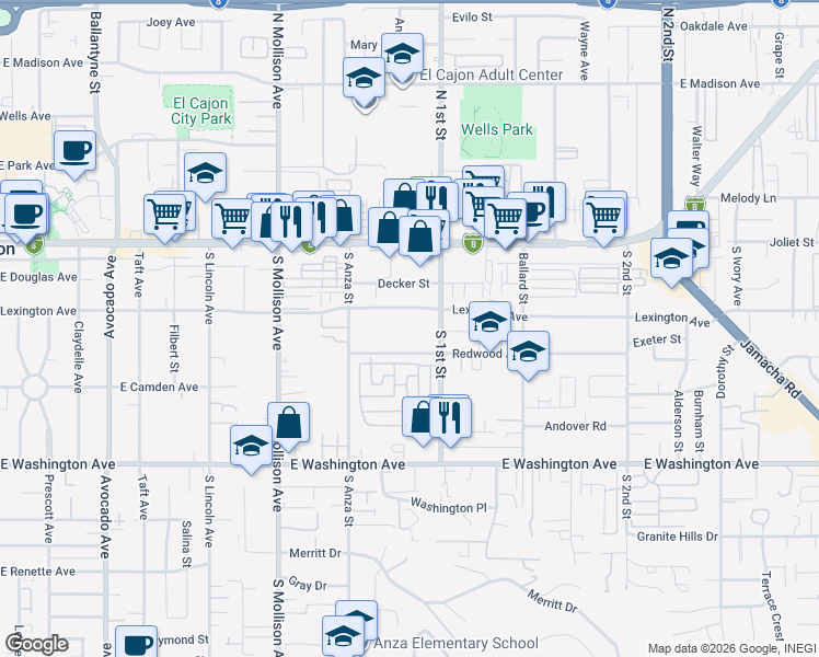 map of restaurants, bars, coffee shops, grocery stores, and more near 328 South 1st Street in El Cajon