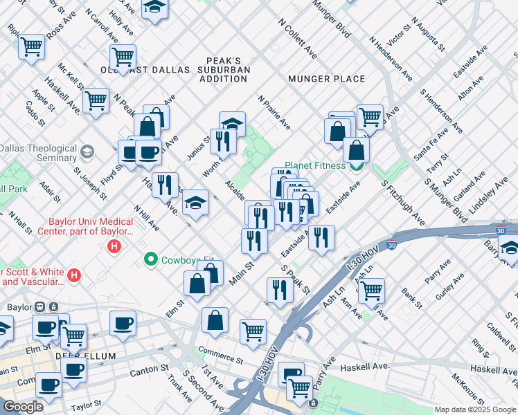 map of restaurants, bars, coffee shops, grocery stores, and more near 4325 Elm Street in Dallas