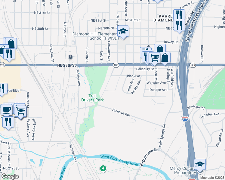 map of restaurants, bars, coffee shops, grocery stores, and more near 2601 Hutchinson Street in Fort Worth