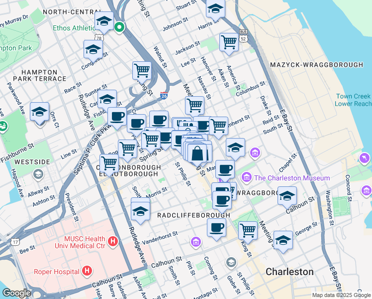 map of restaurants, bars, coffee shops, grocery stores, and more near King Street in Charleston