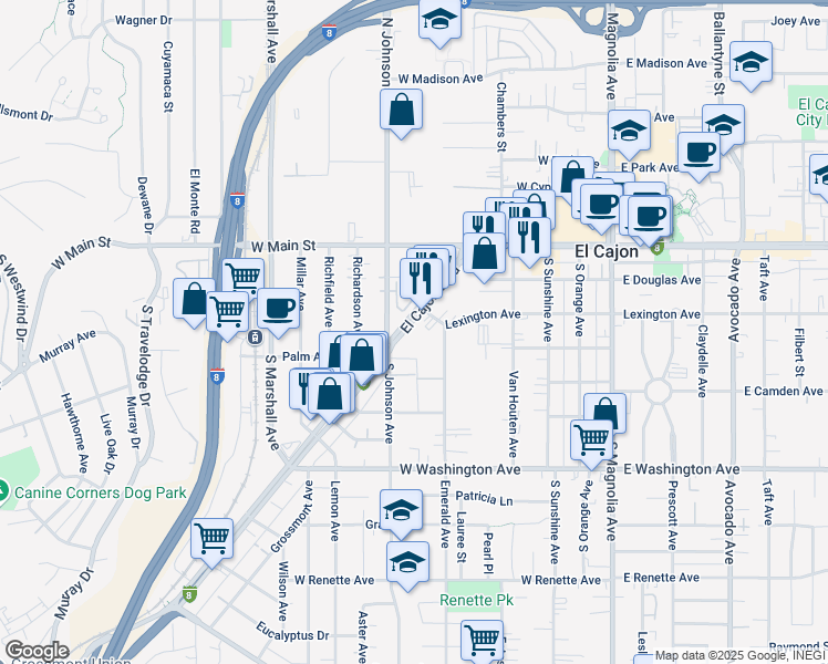 map of restaurants, bars, coffee shops, grocery stores, and more near 325 El Cajon Boulevard in El Cajon