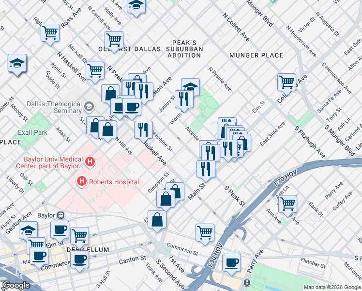 map of restaurants, bars, coffee shops, grocery stores, and more near 403 Josephine Street in Dallas