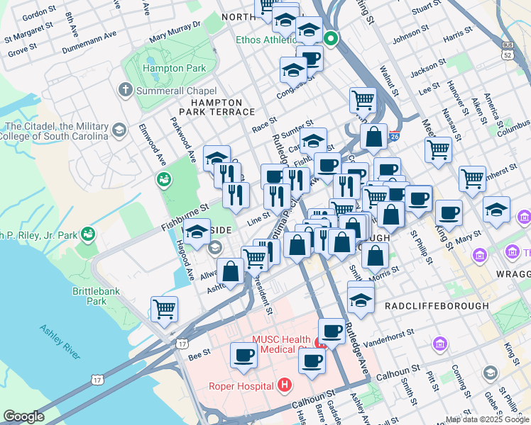 map of restaurants, bars, coffee shops, grocery stores, and more near 188 Line Street in Charleston