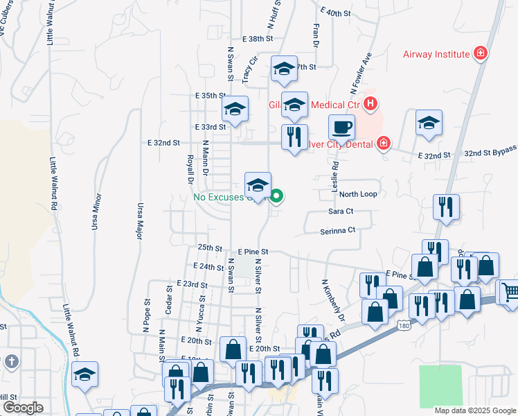 map of restaurants, bars, coffee shops, grocery stores, and more near 2601 North Silver Street in Silver City