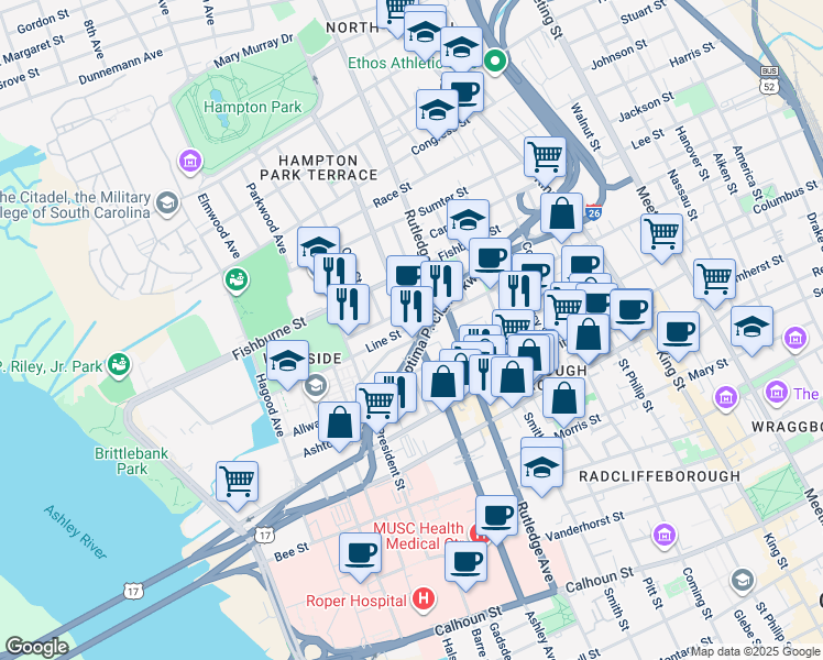 map of restaurants, bars, coffee shops, grocery stores, and more near Ashley Ave & Line St in Charleston