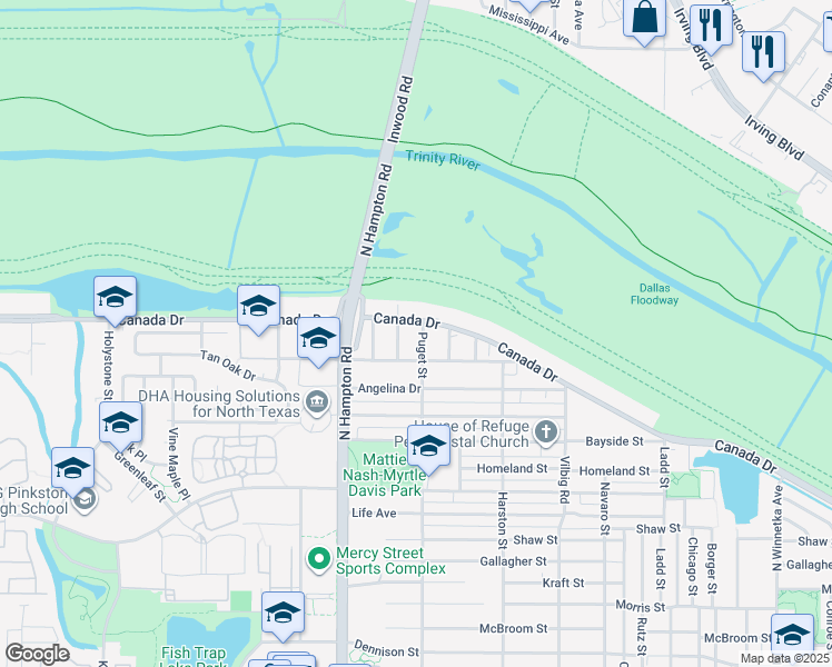 map of restaurants, bars, coffee shops, grocery stores, and more near 4031 Puget Street in Dallas
