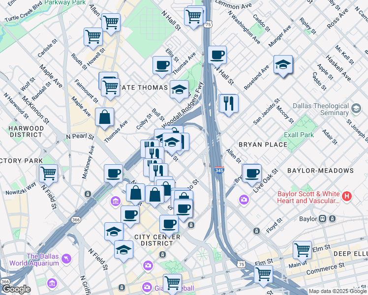 map of restaurants, bars, coffee shops, grocery stores, and more near 2611 Ross Avenue in Dallas