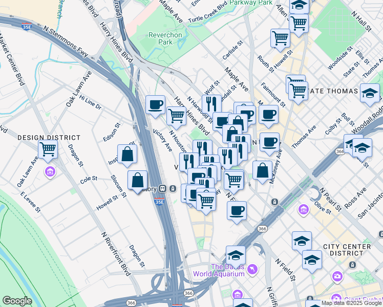 map of restaurants, bars, coffee shops, grocery stores, and more near 1607 Lyte Street in Dallas