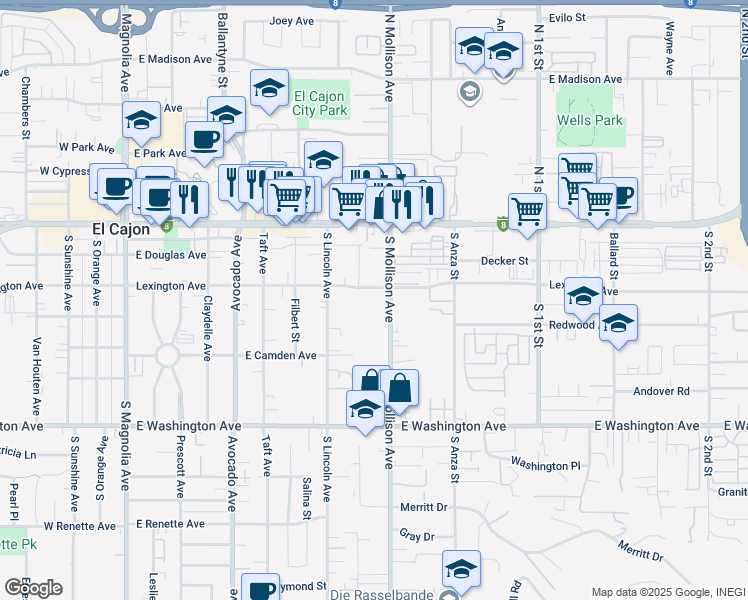 map of restaurants, bars, coffee shops, grocery stores, and more near 456 South Mollison Avenue in El Cajon