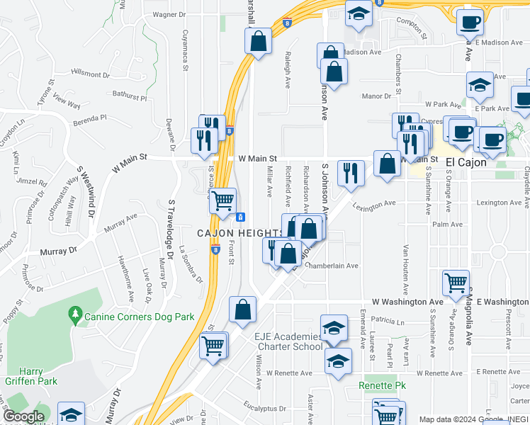 map of restaurants, bars, coffee shops, grocery stores, and more near 392 Millar Avenue in El Cajon