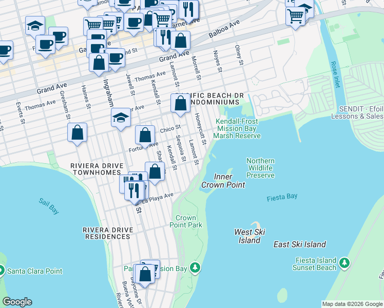map of restaurants, bars, coffee shops, grocery stores, and more near in San Diego