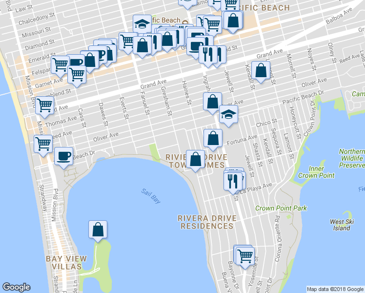 map of restaurants, bars, coffee shops, grocery stores, and more near 3982 Riviera Drive in San Diego