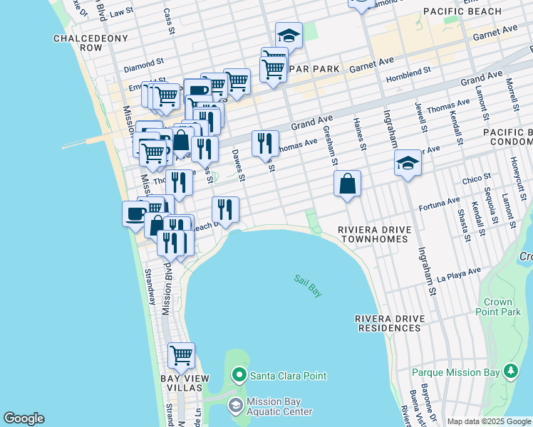 map of restaurants, bars, coffee shops, grocery stores, and more near 1111 Pacific Beach Drive in San Diego