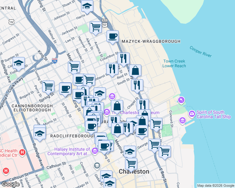 map of restaurants, bars, coffee shops, grocery stores, and more near 1 Judith Street in Charleston