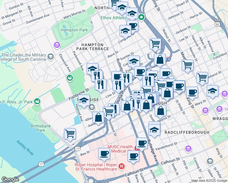 map of restaurants, bars, coffee shops, grocery stores, and more near 27 Kennedy Street in Charleston