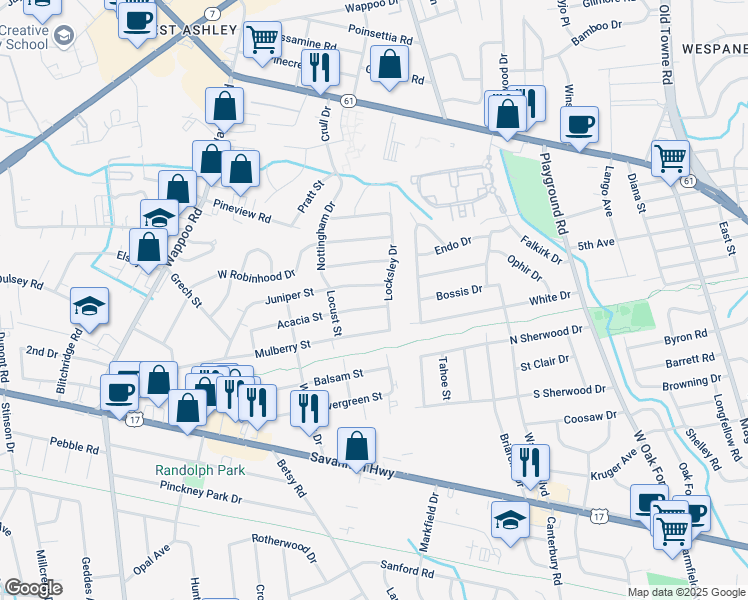 map of restaurants, bars, coffee shops, grocery stores, and more near 819 Locksley Drive in Charleston