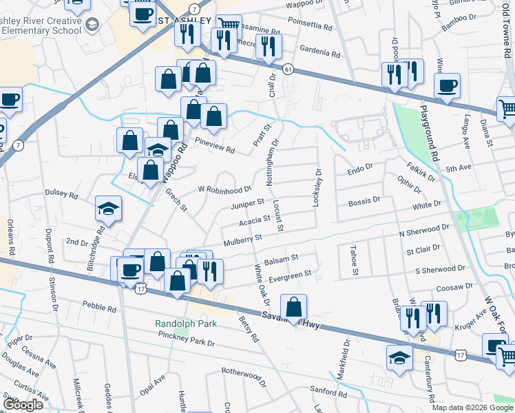 map of restaurants, bars, coffee shops, grocery stores, and more near 1553 Acacia Street in Charleston