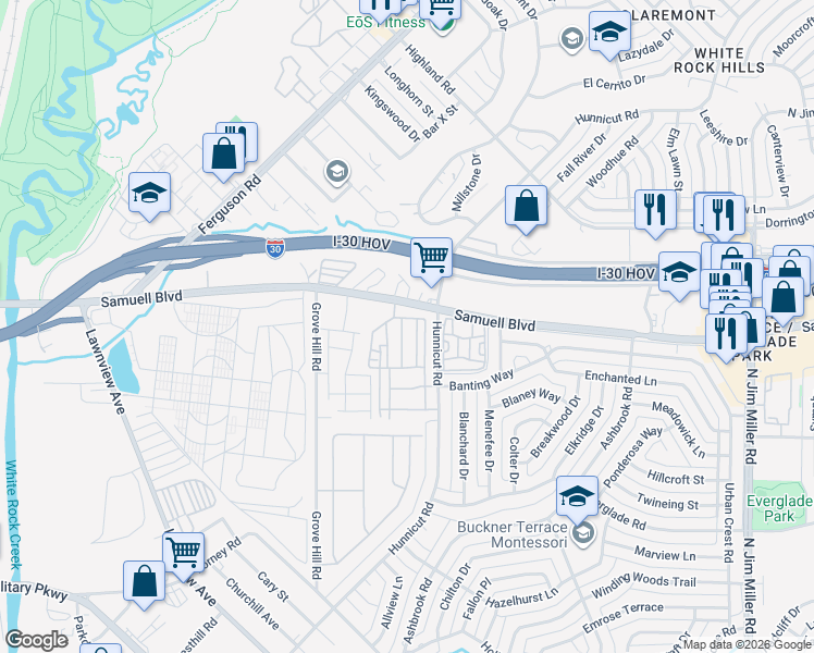 map of restaurants, bars, coffee shops, grocery stores, and more near 7533 Laburnam Road in Dallas