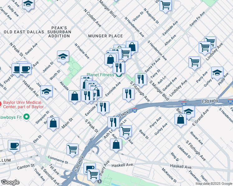 map of restaurants, bars, coffee shops, grocery stores, and more near 4616 Santa Fe Avenue in Dallas